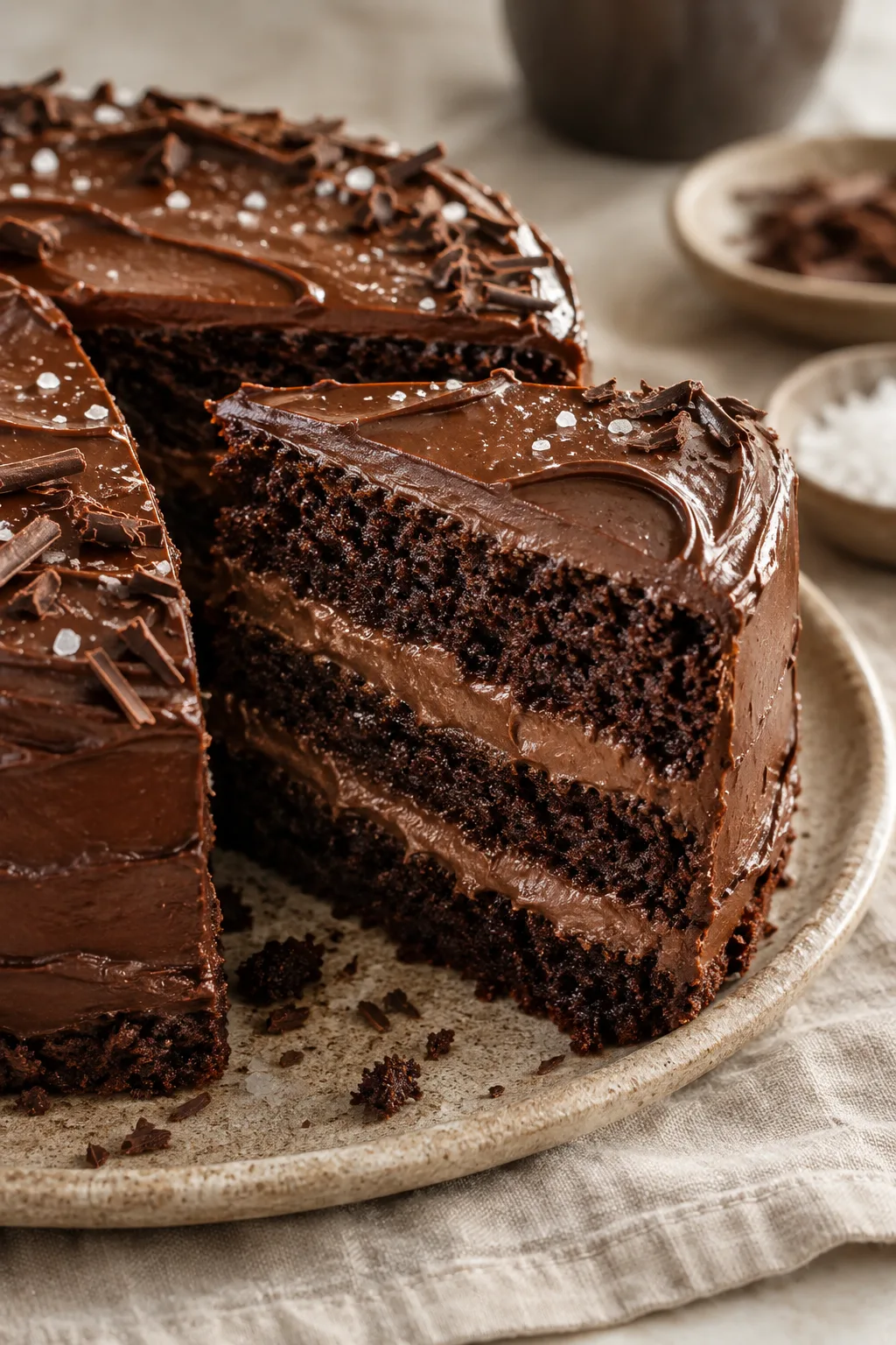 A slice of Belgian chocolate cake with dark ganache layers