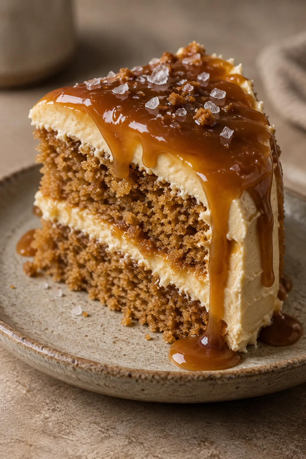 A slice of salted caramel cake with soft cream layers
