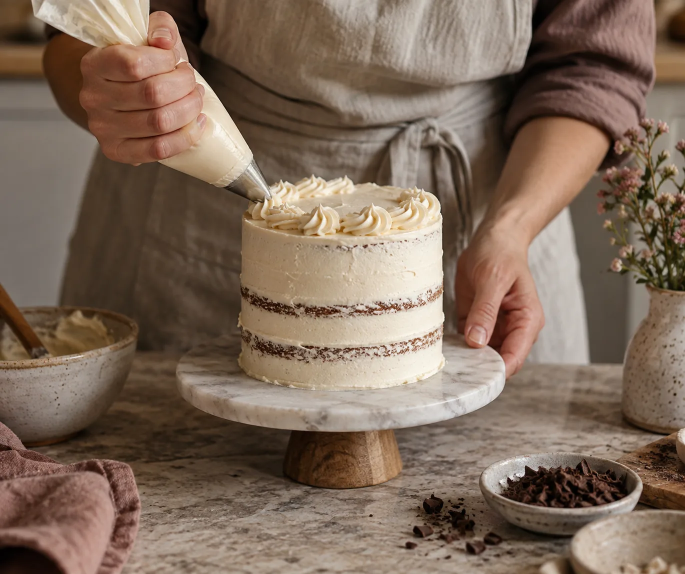 A baker smoothing buttercream onto a small celebration cake