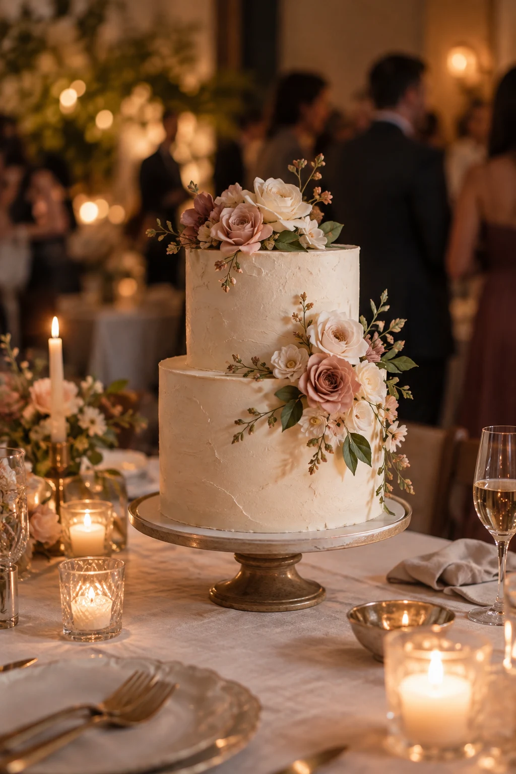 Elegant tiered wedding cake surrounded by flowers and candlelight