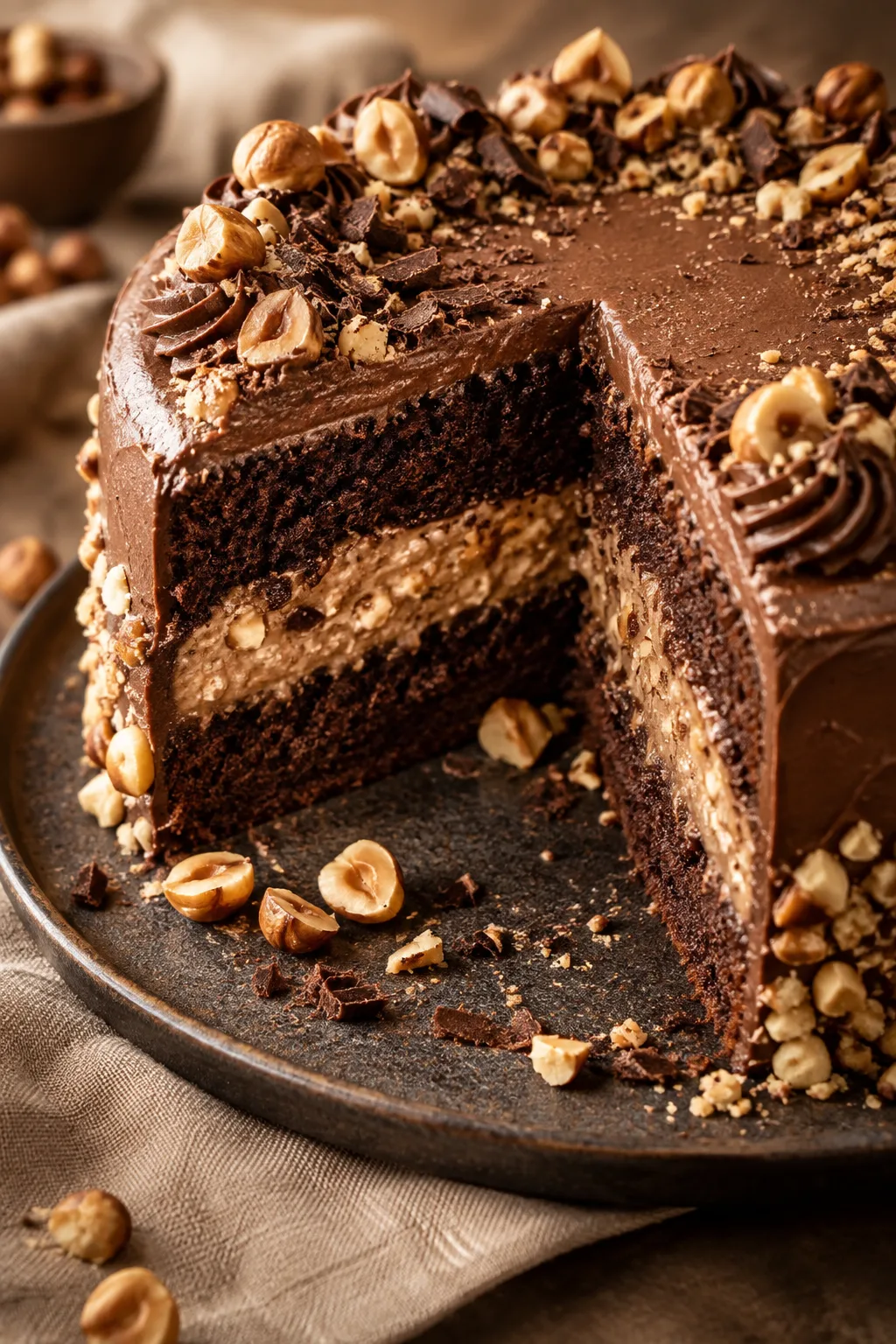 A chocolate hazelnut cake slice showing its layered filling