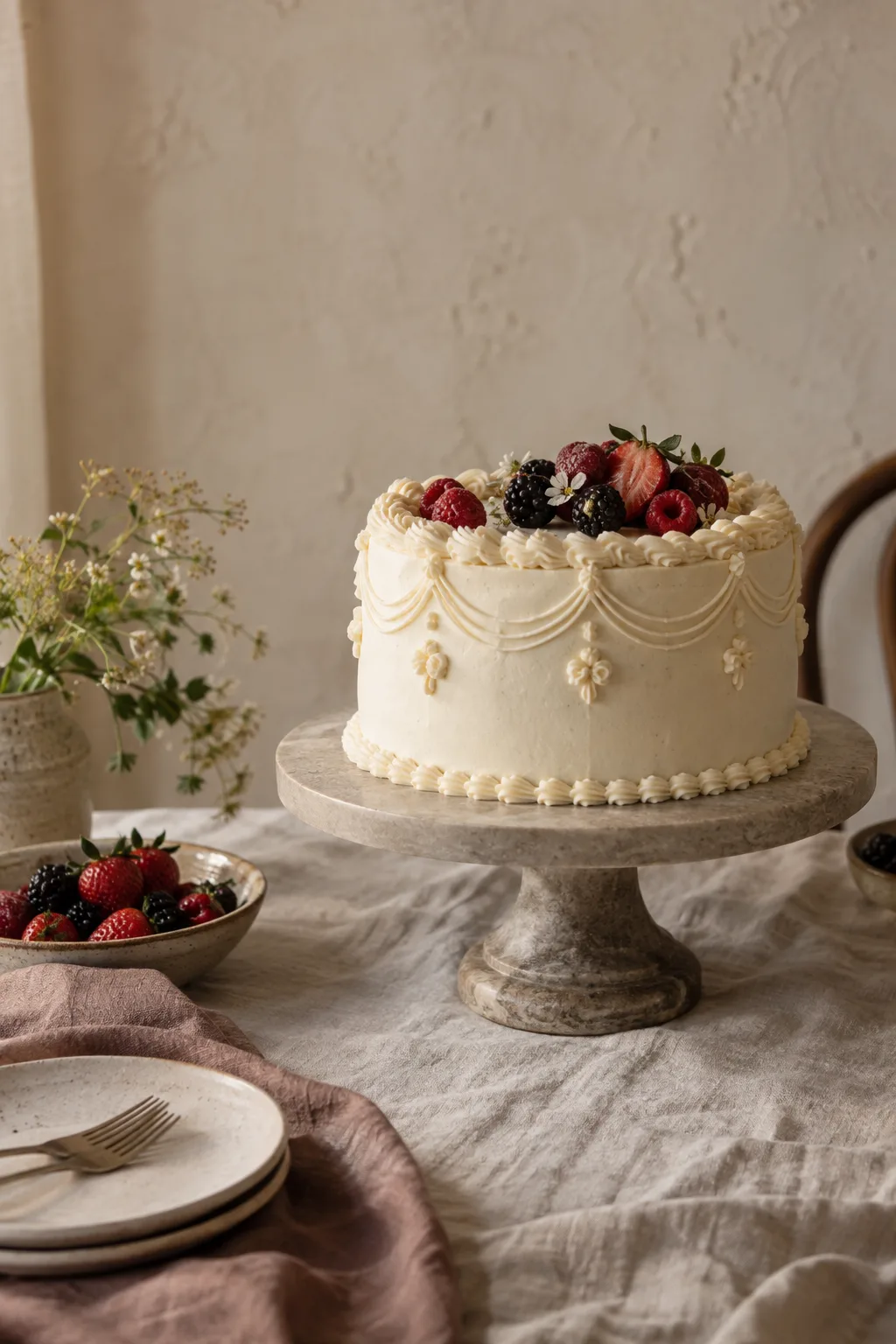 Minimal ivory cake on a neutral table setting