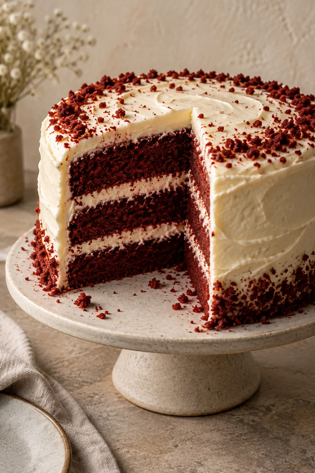 A red velvet cake slice with cream cheese frosting
