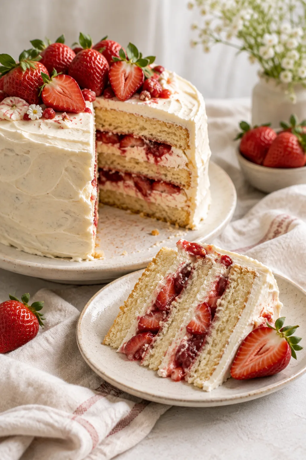 A cut strawberry vanilla layer cake being finished by hand